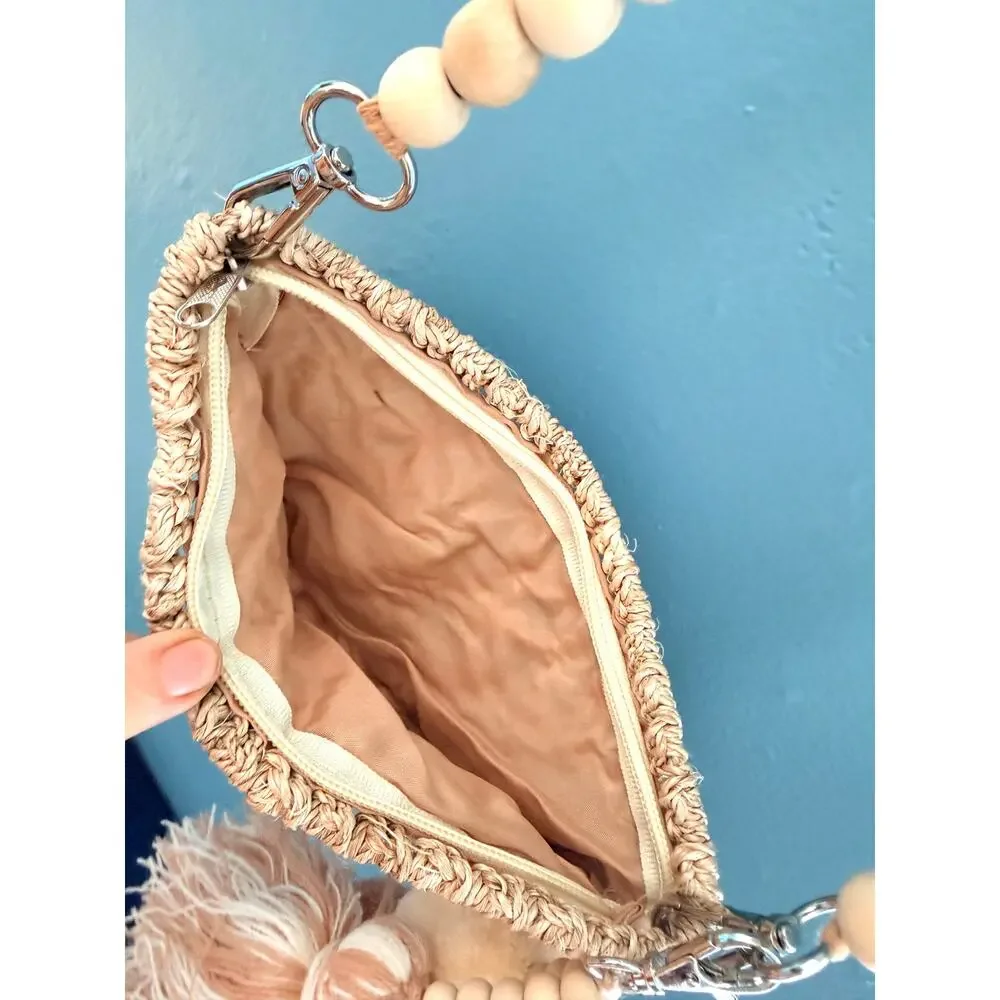 Boho Straw Macrame Crossbody Bag Natural Wood Bead Strap Purse Tassels Pom Poms